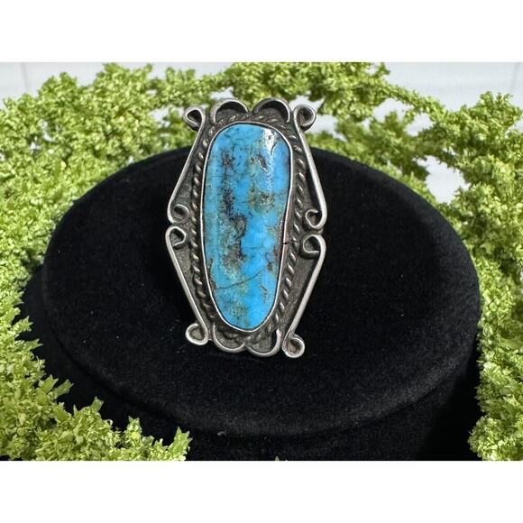 Old Pawn Native American Sterling Silver Turquoise Ring Size 7 - Picture 1 of 5